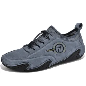 Casual grey outdoor driving shoes for men featuring a breathable mesh collar and octopus sole