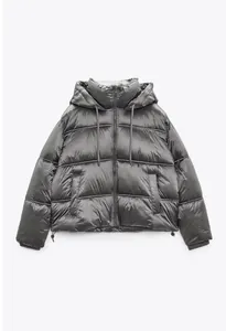 Full front view of a shiny gray metallic hooded puffer jacket with zipper closure