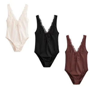 Women's Elegant Satin Bodysuit V-Neck Sleeveless Lace Trim Slim Fit Satin Bodysuit Top For Women Black White Coffee