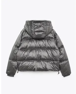 Detailed back view of metallic grey shiny hooded puffer jacket for women winter fashion