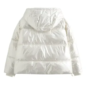 Back view of a metallic shiny white hooded puffer jacket with quilted padding detail