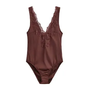 Detailed view of the coffee brown satin bodysuit with intricate lace V-neckline detail.