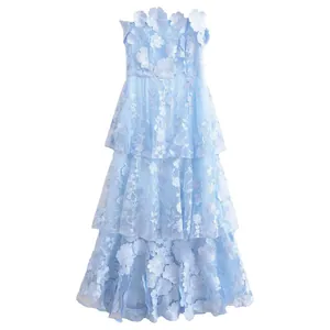 Light blue tiered strapless dress with 3D floral appliqués and embroidery details