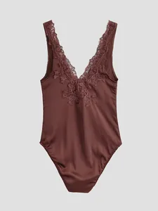 Elegant coffee brown satin bodysuit featuring intricate floral lace trim on the V-neckline