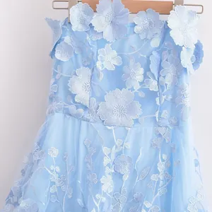 Detail shot of light blue mesh dress showcasing intricate 3D floral lace embroidery