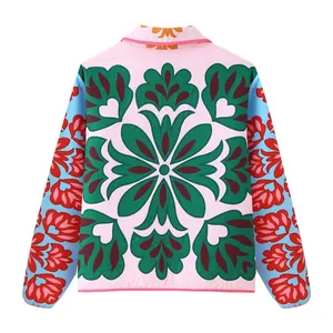 Back view of a street style floral printed pink winter cotton jacket for women