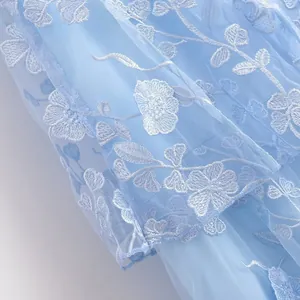Close-up detail of a light blue mesh dress featuring intricate white floral embroidery