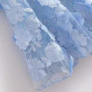 Macro shot showing the delicate 3D floral embroidery and lace texture on a light blue dress