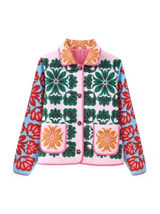 Vibrant floral print quilted cotton jacket for women, streetwear style winter outerwear