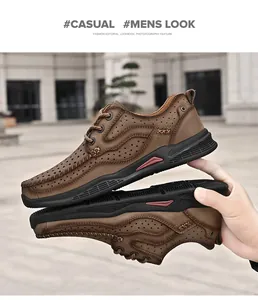 Close-up side view of brown breathable lace-up leather outdoor shoes for men with thick soles