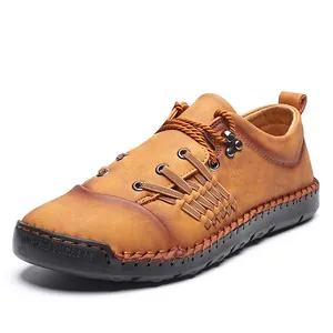 Zapatos casuales de cuero marrón para hombre de estilo retro con costuras a mano