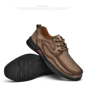 Close-up of men's breathable outdoor leather shoes with thick non-slip soles