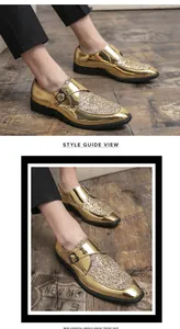 Detailed view of men's fashionable gold glitter monk strap shoes on rustic wooden floor