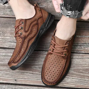Men's breathable brown leather outdoor shoes with perforated design and thick soles