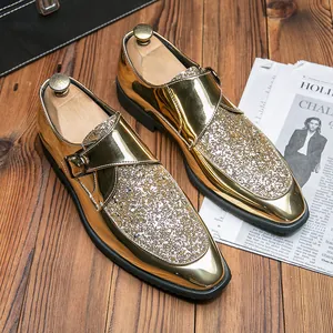 Men's British Style Business Formal Leather Shoes Shiny Gold Black Sequin Monk Strap Slip-on Oxford Dress Shoes For Wedding Party
