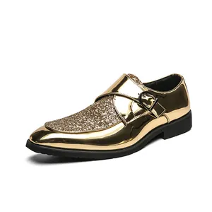 Men's fashionable gold shiny pointed-toe dress shoes featuring glitter accents