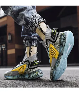 Close-up of high-top basketball sneakers featuring marbled soles and knit uppers.