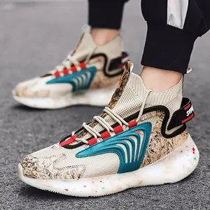 Men High Top Basketball Shoes Fashion Sneakers Breathable Mesh Splatter Pattern Thick Sole Casual Trendy Sport Shoes