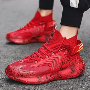 Vibrant red high-top basketball sneakers with marble pattern chunky sole for men