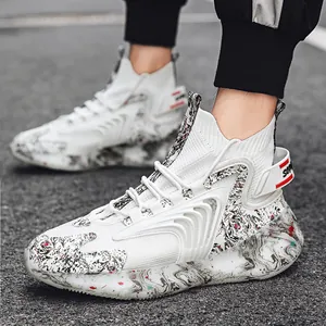 Stylish men's high-top basketball sneakers featuring white marble patterns and chunky soles