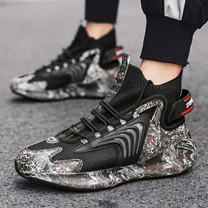Stylish high-top men's basketball sports shoes with marble pattern and thick dad shoe sole