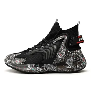 High-top men's basketball sports sneakers featuring unique marble pattern and mesh upper