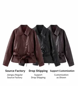 Three colors of women's short faux leather trench coat with stylish waist belt detail.