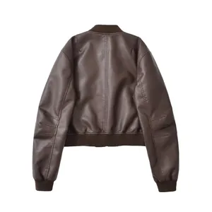 Detailed back view of a vintage dark brown faux leather bomber jacket for women