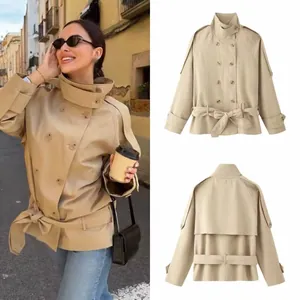 Dames Mode Khaki Trenchcoat Elegant Double-Breasted Staande Kraag Kort Windjack Met Taille Riem Voor Casual Kantoor