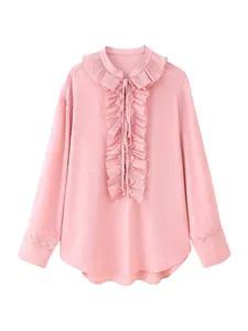 Elegant pink pleated V-neck chiffon blouse with ruffled detailing and tie-neck closure.