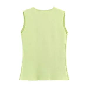 Back view of a lime green sleeveless knitted vest top with a minimalist round neckline
