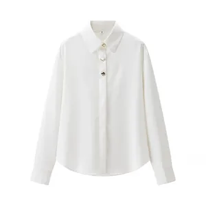 Detailed view of white satin blouse featuring elegant gold buttons and lapel collar