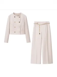 Dames Polyester Blazer Broek Set Double Breasted Kort Jasje Met Kettingriem Wijde Pijpen Enkelbroek Casual Pak Top And Bottom