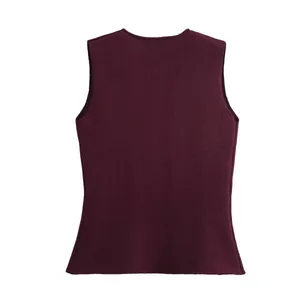 Detailed back view of a slim fit burgundy knitted vest with a classic round neck design
