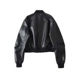 Macro view showing the back detail of a retro black faux leather bomber jacket.