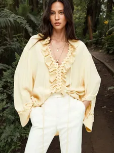 Elegant light yellow V-neck ruffled chiffon blouse with pleated details for summer