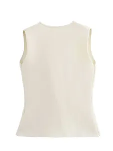 Detailed back view of a high-quality minimalist cream white knitted sleeveless vest top