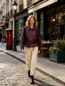 Close-up of a stylish burgundy faux leather jacket with a waist belt in a street setting