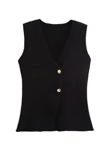 Close-up detail showing the texture and gold button accents of this black V-neck knitted vest