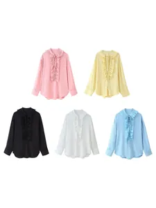Elegant V-neck ruffled chiffon long sleeve blouse for women available in five pastel colors