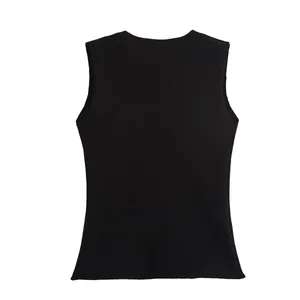 Detailed back view of a high quality minimalist black sleeveless knitted vest for women
