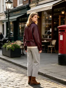 Back view of a stylish burgundy faux leather jacket with waist belt in a street setting