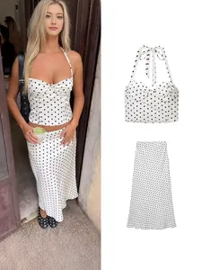 Women Polka Dot Halter Top And Midi Skirt Set European Fashion Sleeveless Vacation Outfit Two Piece Clothing
