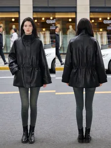 Stylish women's black faux leather jacket with adjustable waist front and back view