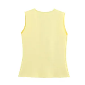 Detailed back view of a minimalist pale yellow knitted sleeveless vest top for women