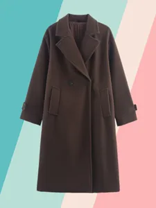 Dames Lange Double-Breasted Wollen Jas Oversized Revers Trenchcoat Bruin Herfst Winter Retro Losse Bovenkleding Overjas