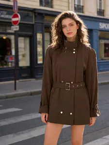 Elegant brown high collar trench coat with belt for women in urban street setting