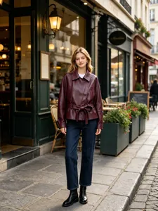 Stylish burgundy faux leather jacket with waist belt worn on a street backdrop