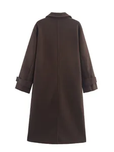 Elegante vintage donkerbruine oversized lange wollen jas voor dames vanaf de achterkant