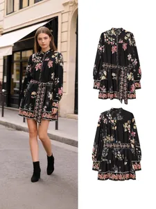 Abito Mini Vintage da Donna Stampa Paisley Floreale Manica Lunga Cintura Annodata Stile Boho Abito a Camicia Moda Primavera